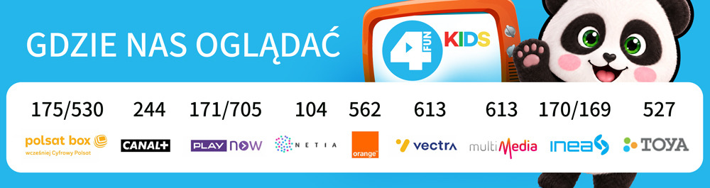 Gdzie oglądać 4FUN KIDS: Polsat Box 175/530, Canal+ 244, Play Now 171/705, Netia 104, Orange 562, Vectra 613, Multimedia 613, Inea 170/169, Toya 527